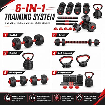 6 in 1 Dumbbell Adjustable Weight Lifting Barbell Bar Kettlebell Weights Set