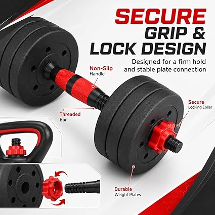 6 in 1 Dumbbell Adjustable Weight Lifting Barbell Bar Kettlebell Weights Set